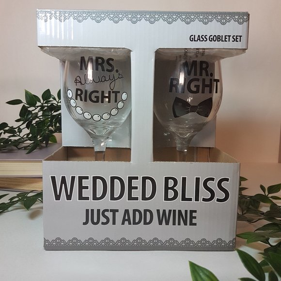 ENESCO Mr. & Mrs. Wine Glasses Mr. & Mrs. Stemmed Wine Glasses Wedding Set of 2 - Picture 2 of 10